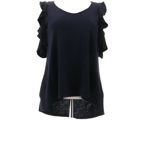 DG2 Diane Gilman Slub Cold Shoulder Ruffle Top - Picture 2 of 4